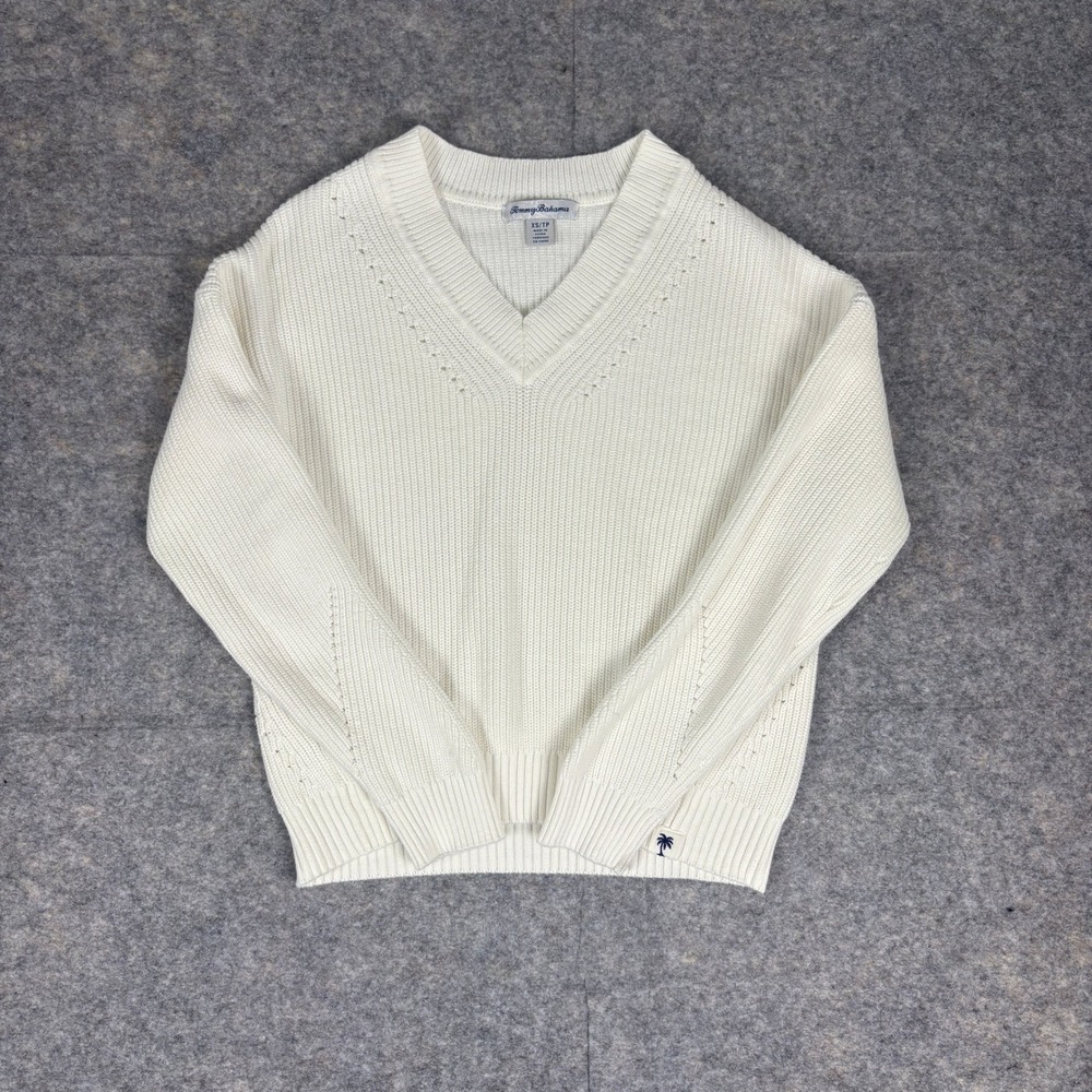Tommy Bahama Womens Cream White Ribbed Cotton V-Neck Sweater XS Pointelle Knit